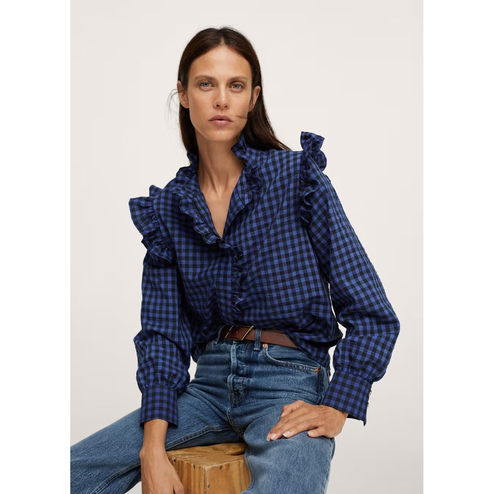 Mango‎ MNG Gingham Shirt L Blue Black Cotton Preppy Button Up NWT Classic